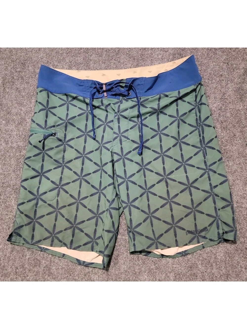 Patagonia Mens 32 Stretch Planing Boardshorts 20 Swim Trunks Fish Hex Green 444